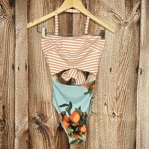 Albion Peach Stripe and Aqua Orange Floral One-Piece Swimsuit